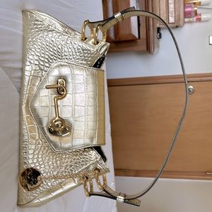 Tanner Krolle gold croc embossed leather evening bag NWOT suede lined w/ brass